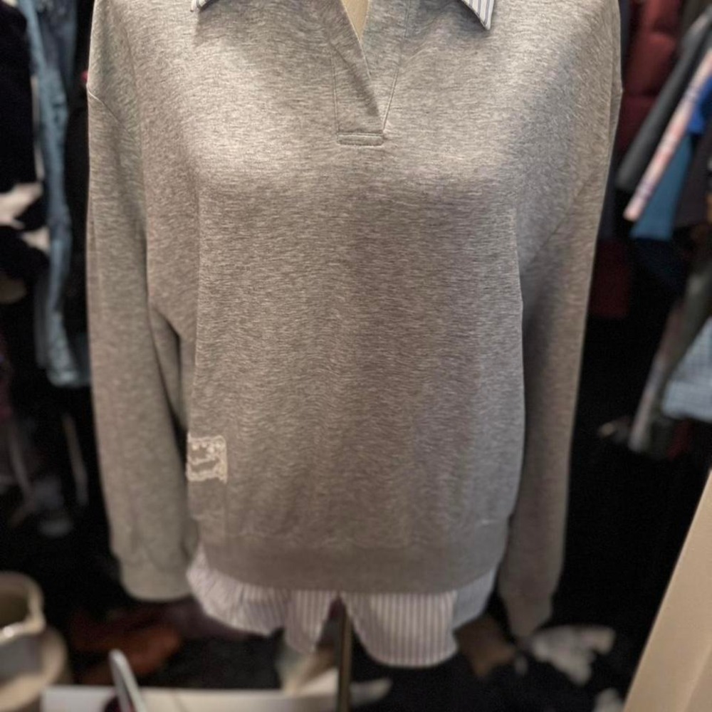 Somesowe Womens Layered Look Collared Sweatshirt Heather Gray Blue Stripe Medium